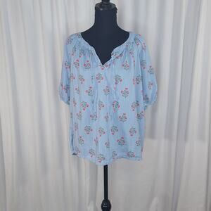 St John's Bay Floral Blouse XXL Blue Pink Puff Sleeve Peasant Top V Neck Boho